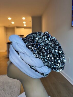 Sequin Knit Headband with Braided Trim - Grey/Black